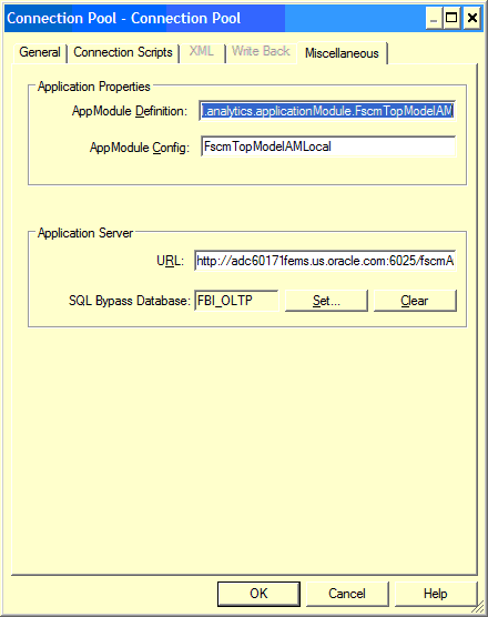 This screen shot displays the Connection Pool – Miscellaneous Tab and the associated fields to complete.